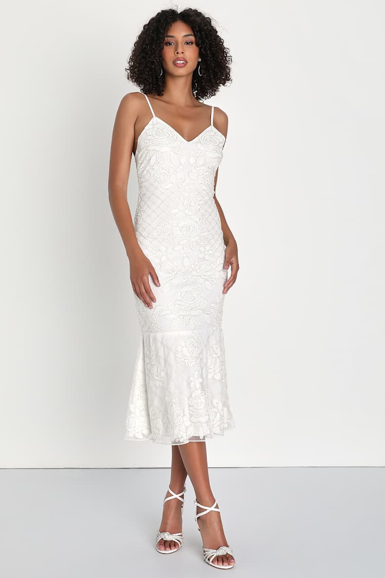 slim fit dress slacks Self-Portrait - White Sequin Lace Midi Dress