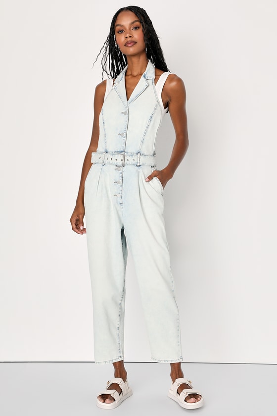 Blanknyc Call My Name Light Wash Denim Collared Jumpsuit In Blue