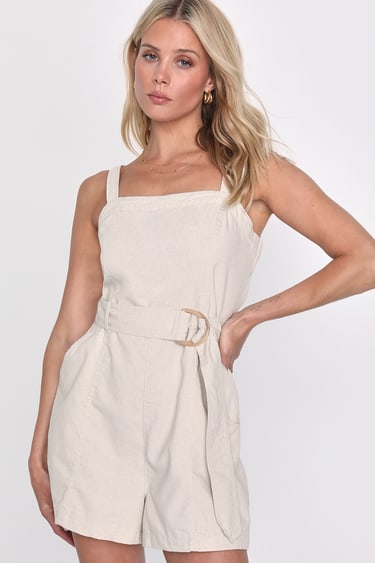 Blank NYC Sand Shell Beige Linen Belted Sleeveless Romper