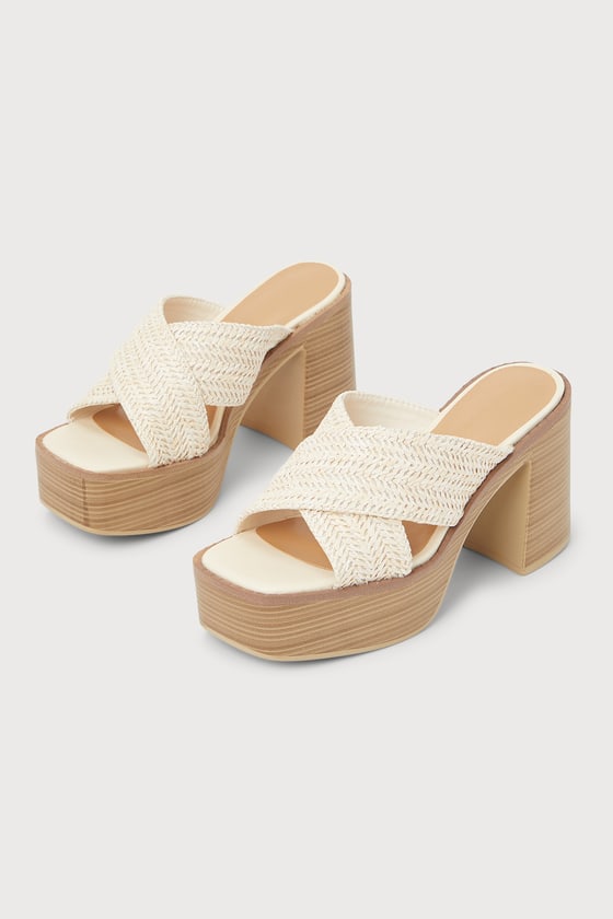 Lulus Ria Beige Raffia Platform Slide Sandal Heels