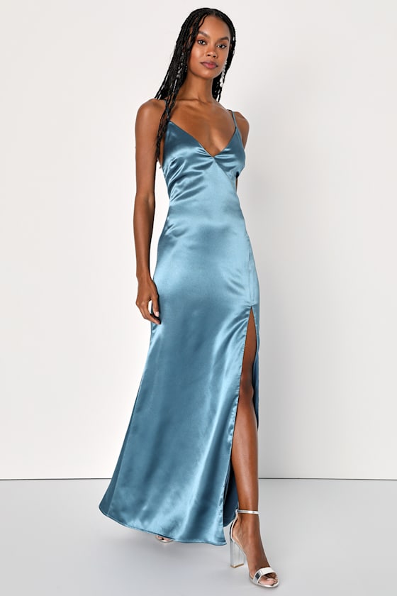 Lace And Chiffon Long Dress with Slit Slate Blue main image 1