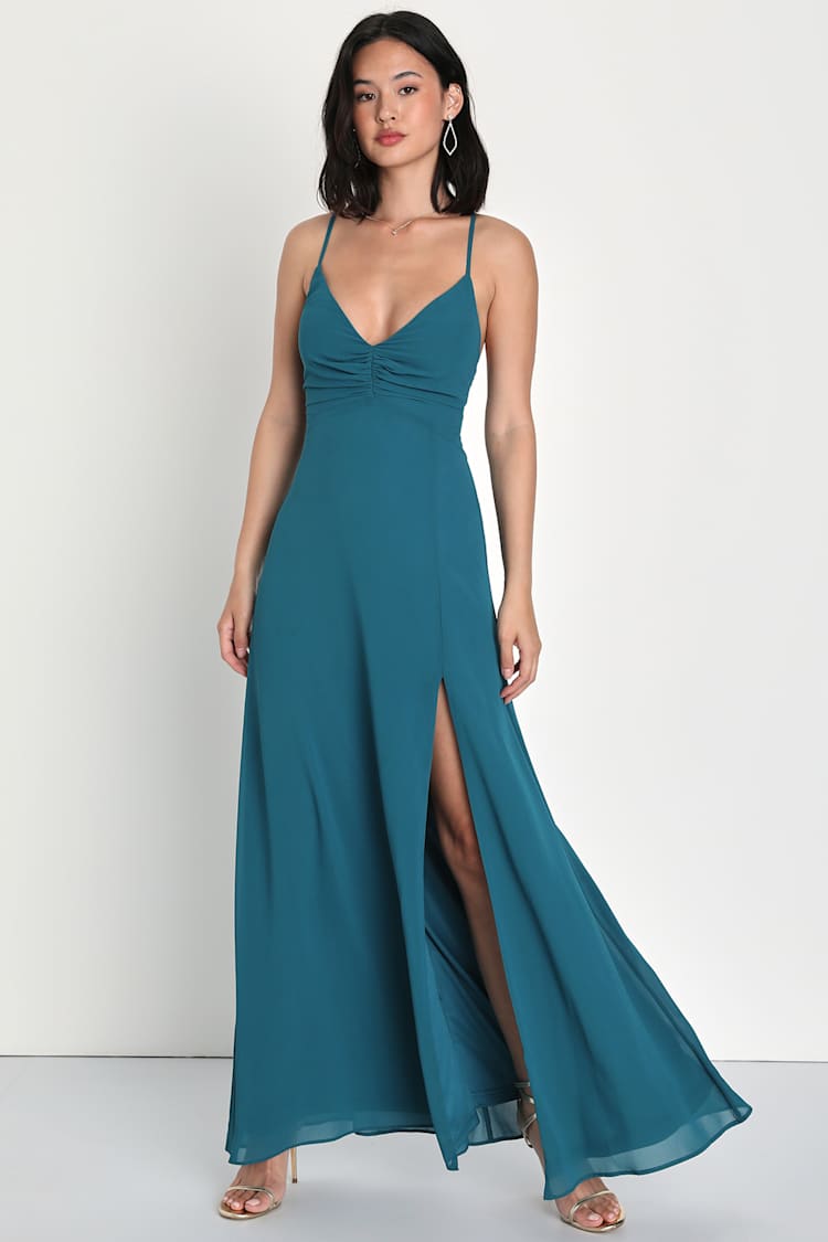 Dark Teal Dress - Lace-Up Maxi Dress - Ruched Dress - Lulus
