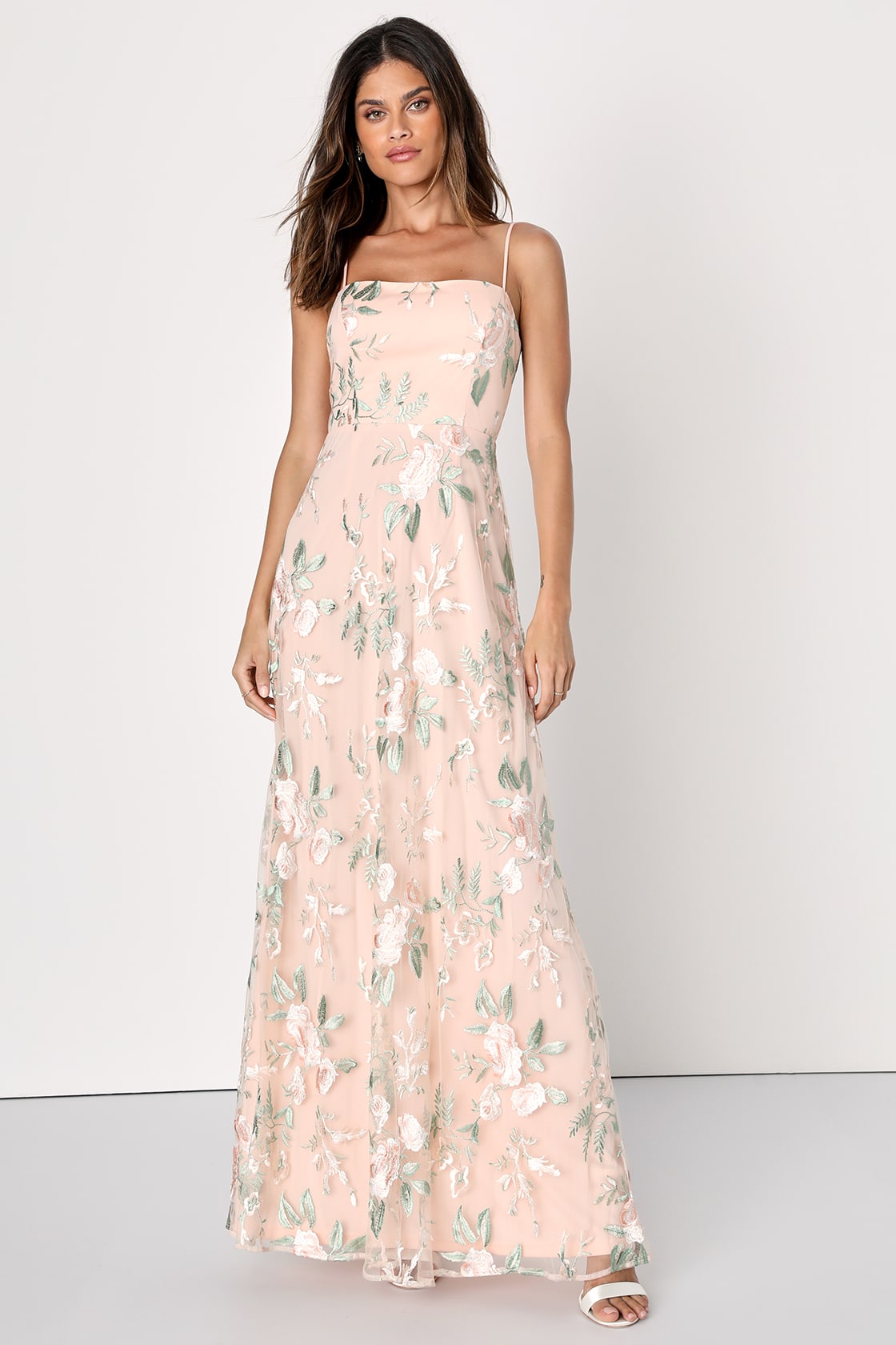 Budding Blossoms Blush Pink Floral Embroidered A-Line Maxi Dress