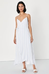 Adoring the Weekend White and Blue Striped Wrap Midi Dress