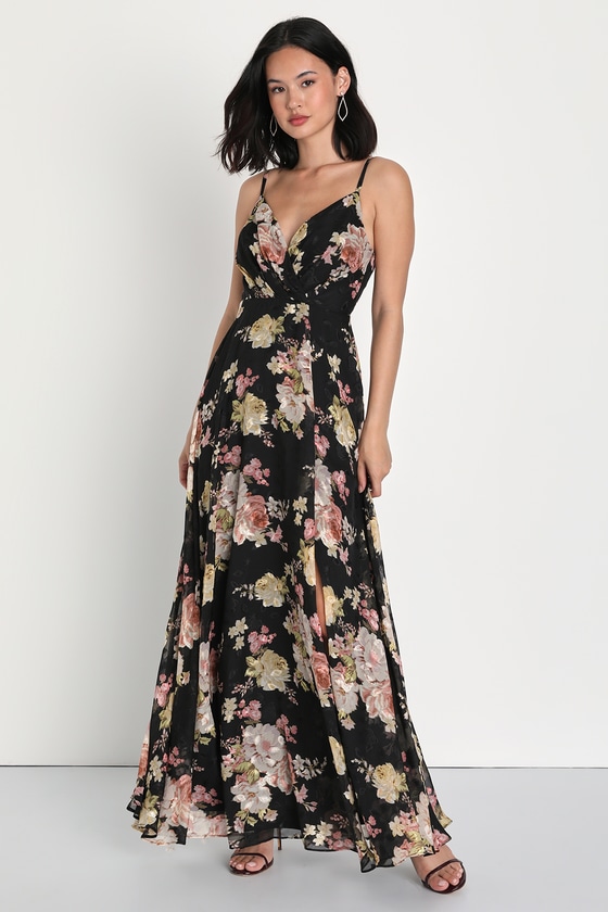 Lulus Refined Radiance Black Floral Print Burnout Maxi Dress