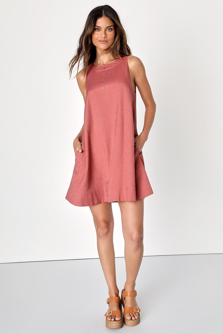 Shift to Chic Mauve Linen Shift Dress with Pockets