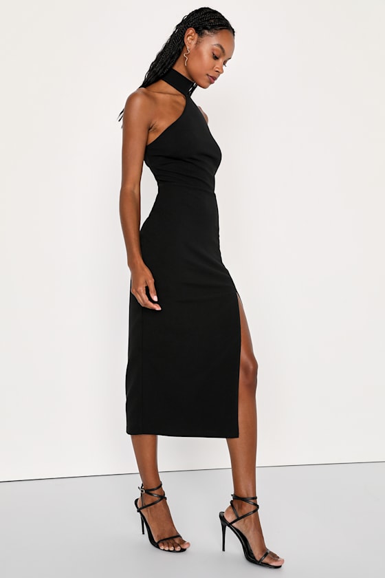 Black Asymmetrical Dress - Halter Midi Dress - Cutout Midi Dress - Image 4