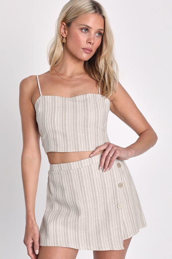 Lulus Leisurely Living Taupe Striped Tie-back Two-piece Romper