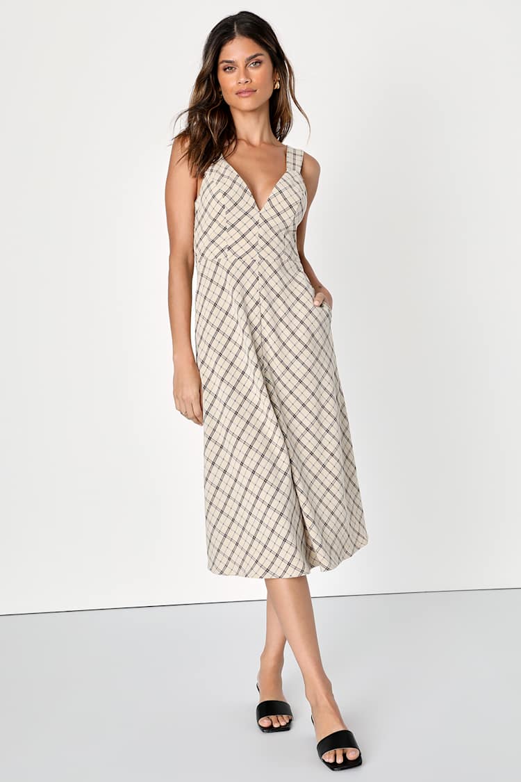 Uptown Affection Beige Plaid A-Line Midi Dress With Pockets