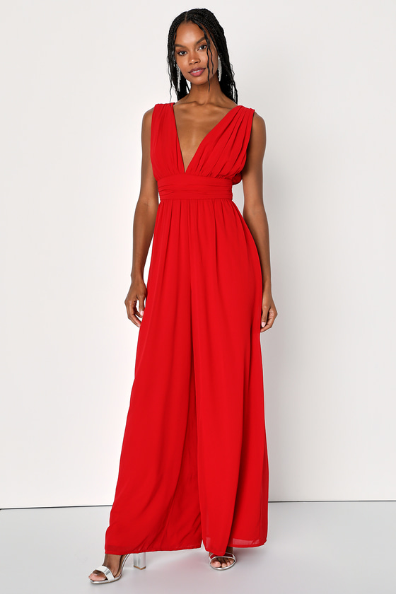 Red Wide-Leg Jumpsuit - Georgette Jumpsuit - V-Neck Jumpsuit - Lulus