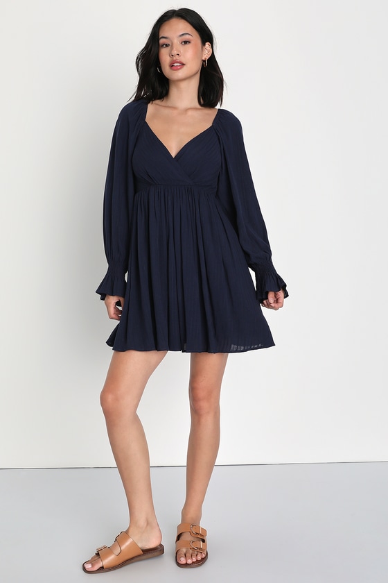 Navy Embroidered Dress - Long Sleeve Mini Dress - Skater Dress - Lulus