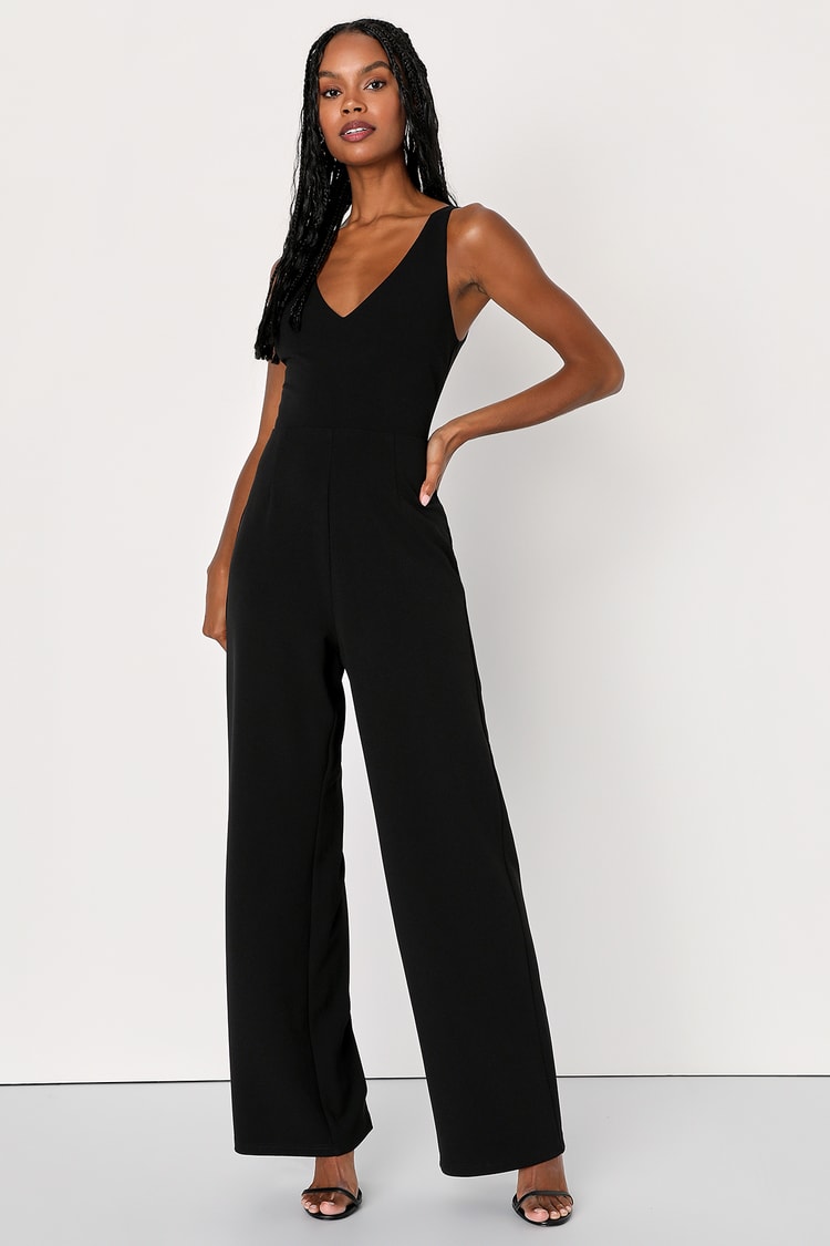 Black Sleeveless Jumpsuit - V-Neck Jumpsuit - Wide-Leg Jumpsuit - Lulus