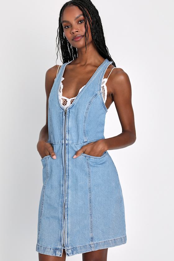 Rio Light Wash Sleeveless Zip-Front Denim Mini Dress 1