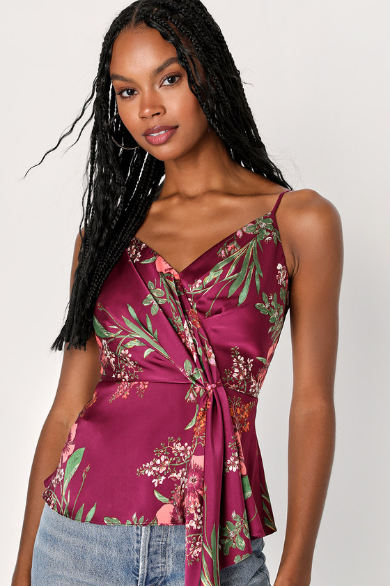 Wine Red Floral Print Top - Satin Cami Top - Sash Tank Top - Lulus