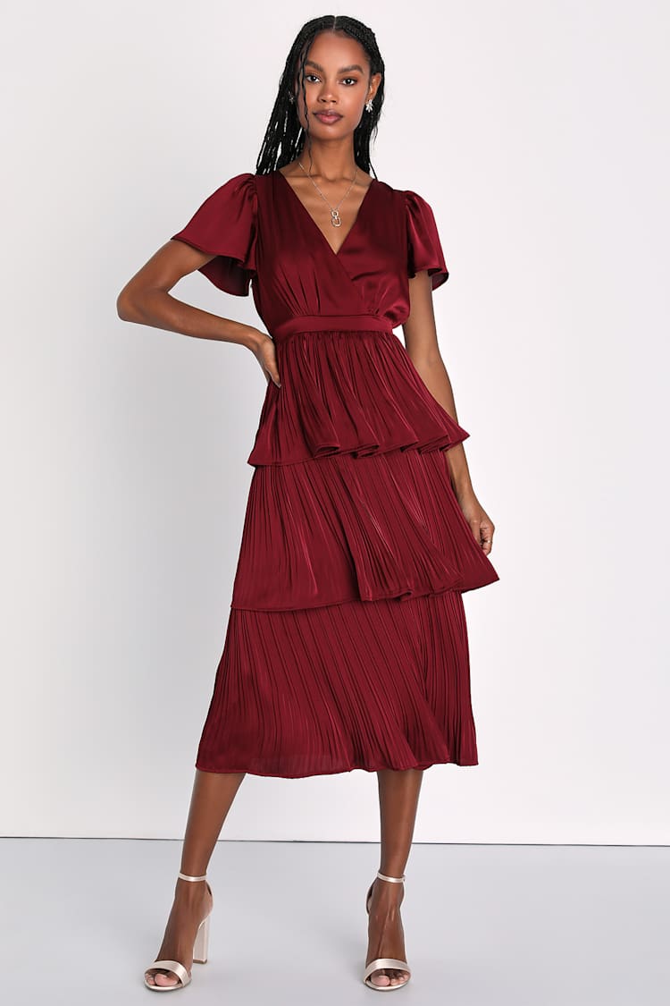 Burgundy Midi Dress - Tiered Midi Dress - Satin Pleated Dress - Lulus Burgundy Midi Dress - Tiered Midi Dress - Satin Pleated Dress - Lulus