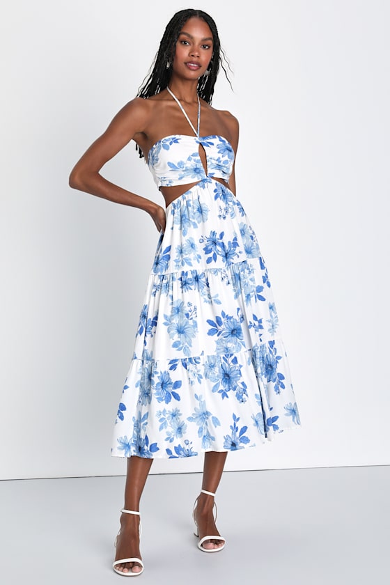 White Floral Midi Dress Halter TieBack Dress Cutout Dress Lulus