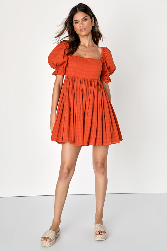 Orange Puff Sleeve Dress Babydoll Dress Square Neck Dress Lulus