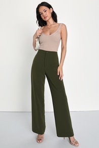 A Power Mood Olive Green High-Waisted Wide Leg Trouser Pants
