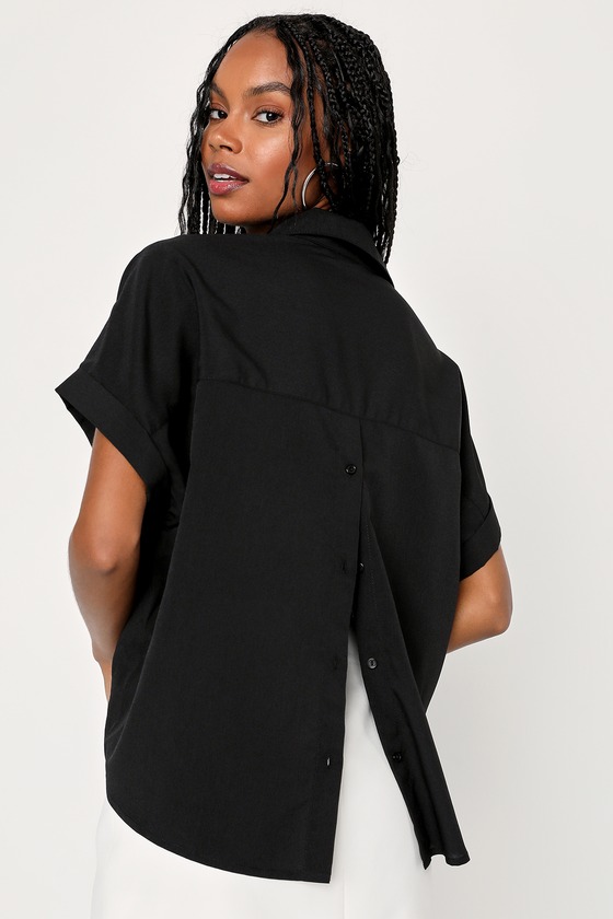 Black Collared Top - Short Sleeve Top - Button-Back Top - Lulus