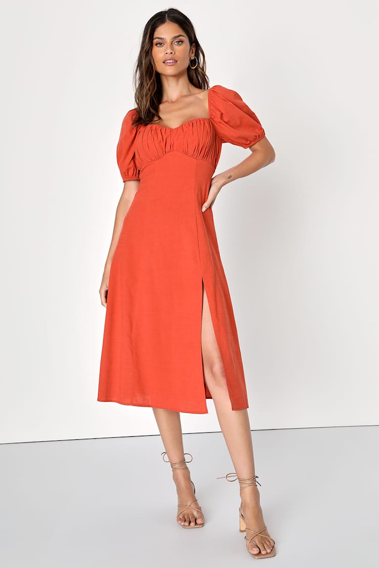 knee length dresses for ladies Lady Black Tie - Island Flowers Puff Sleeve Midi Dress - Coral