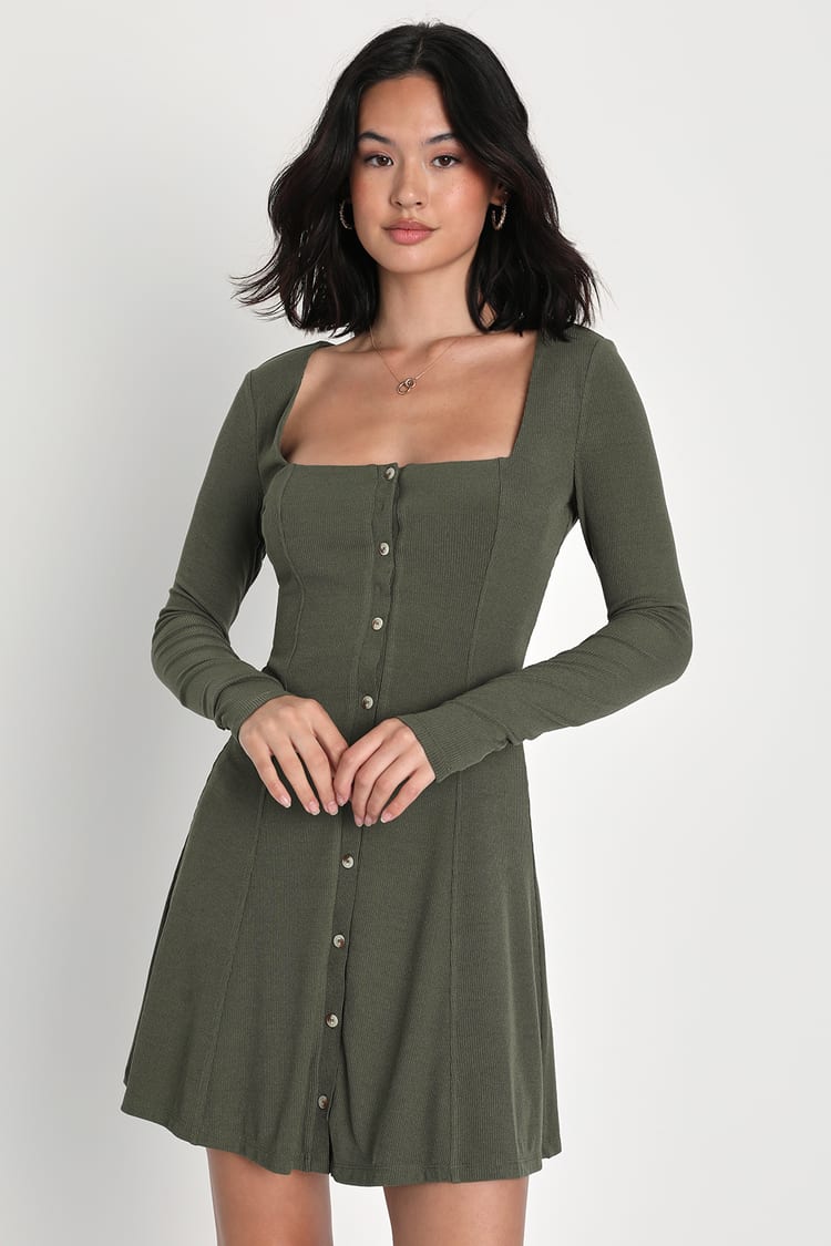 Simply Favored Olive Green Ribbed Long Sleeve Mini Dress