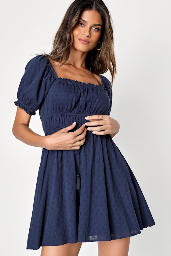 Summerlin Puff Sleeve Eyelet Mini Dress Navy