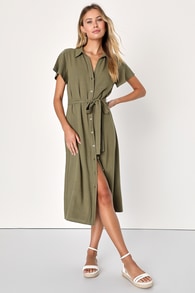 Italian Summer Olive Green Linen Button-Up Short Sleeve Dress