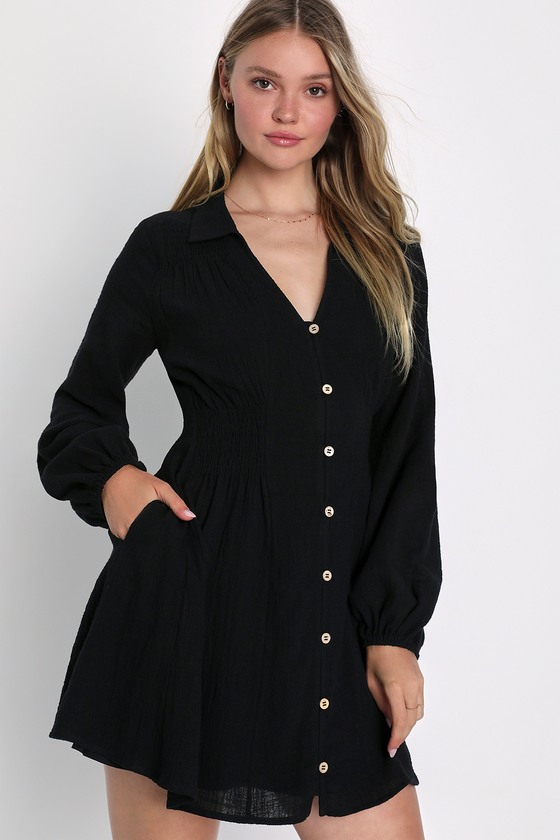 Lulus Best Harvest Black Long Sleeve Button-up Mini Dress With Pockets