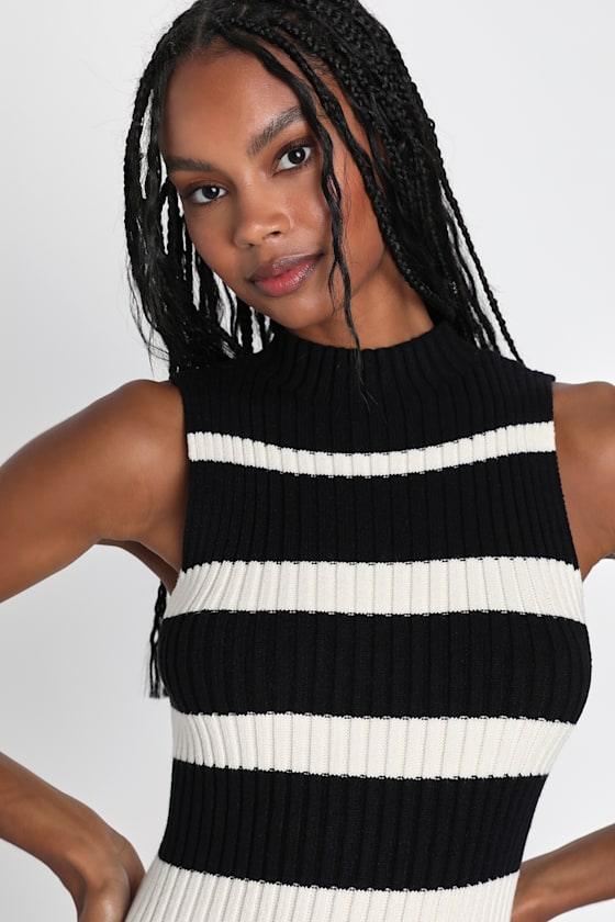Playful Mood Striped Midi Sweater Tank Dress - Natural/Black