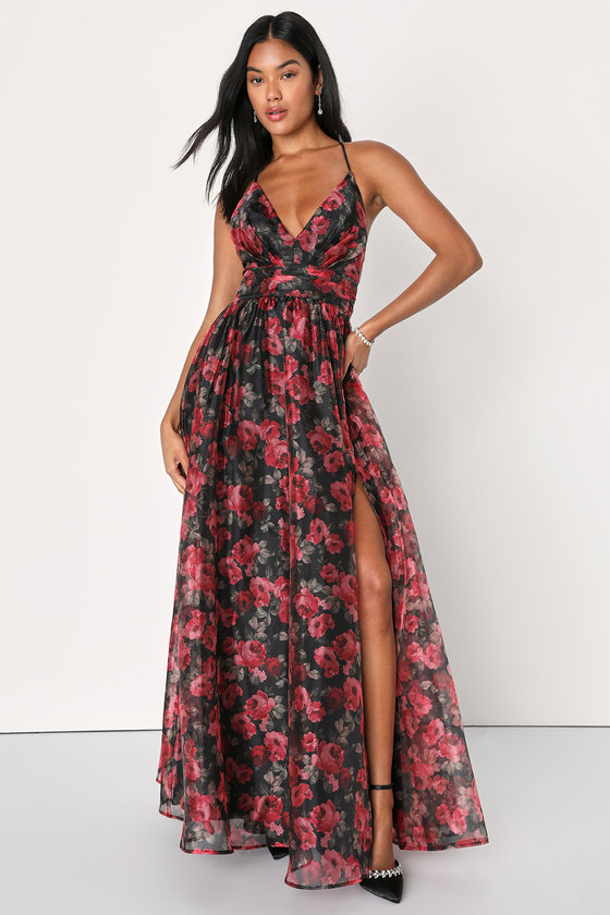 Black and Red Floral Dress - Organza Maxi Dress - Organza Gown - Lulus