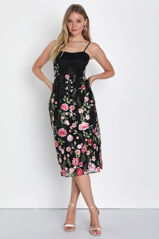 Black Floral Midi Dress - Embroidered Midi Dress - Floral Midi - Lulus