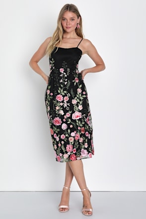 green emerald velvet dress MissJophiel V Neck Floral Embroidery Midi Black Dress with Sleeves Black / Above Knee / US4