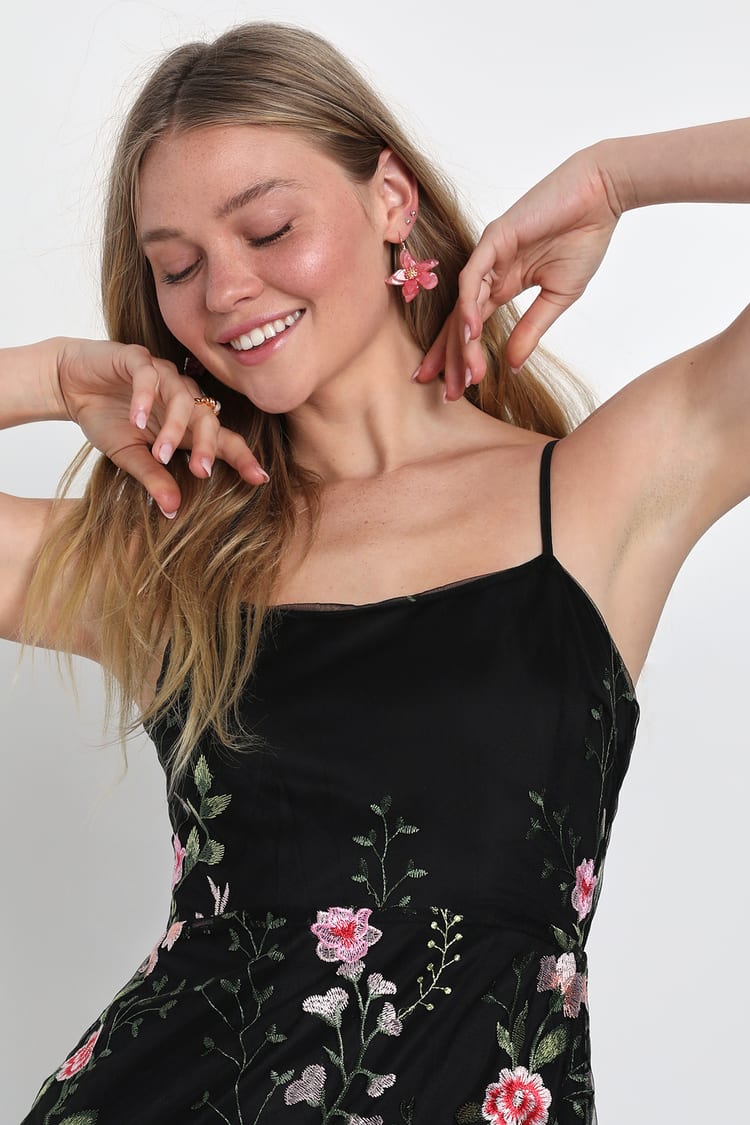 Blooming For Love Black Floral Embroidered Midi Dress