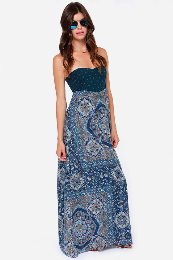 Strapless Maxi Dress - Blue Print Dress 
