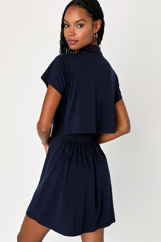 Simple Luck Navy Blue Collared Short Sleeve Mini Dress