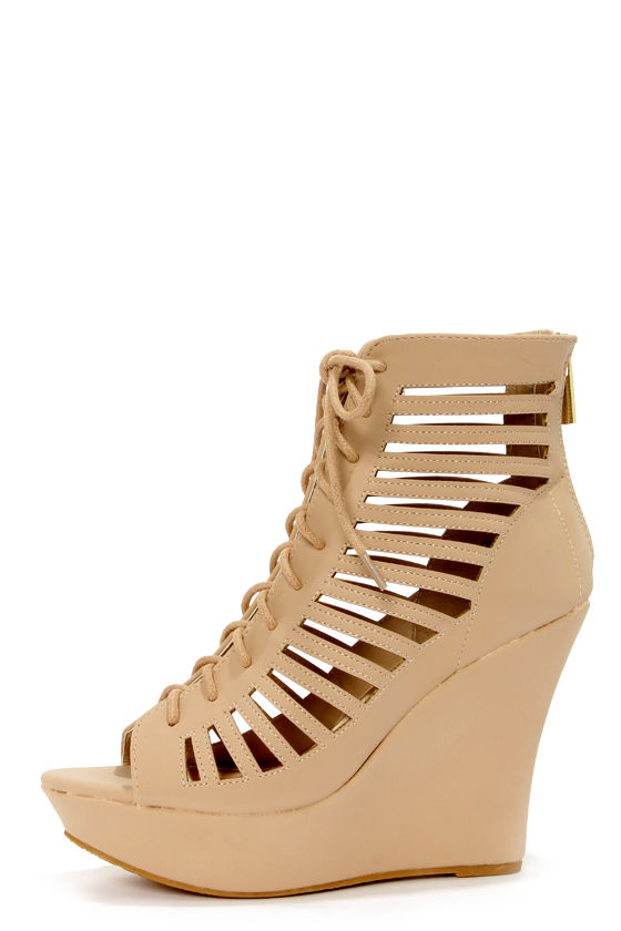 Bamboo Charli 32 Nude Cutout Lace-Up Wedge Booties