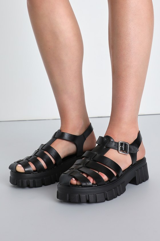 Lulus Beena Black Strappy Platform Buckle Sandal Heels