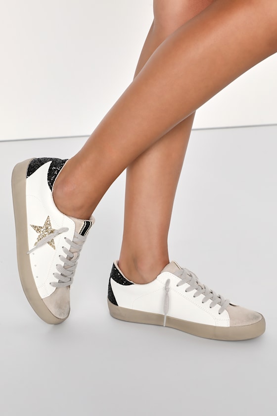 Pamela White Glitter Lace-Up Distressed Sneakers 1