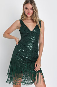 More Than Iconic Emerald Green Sequin Fringe Mini Dress
