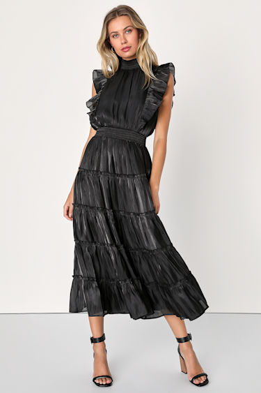 Take a Glance Black Tiered Mock Neck Midi Dress