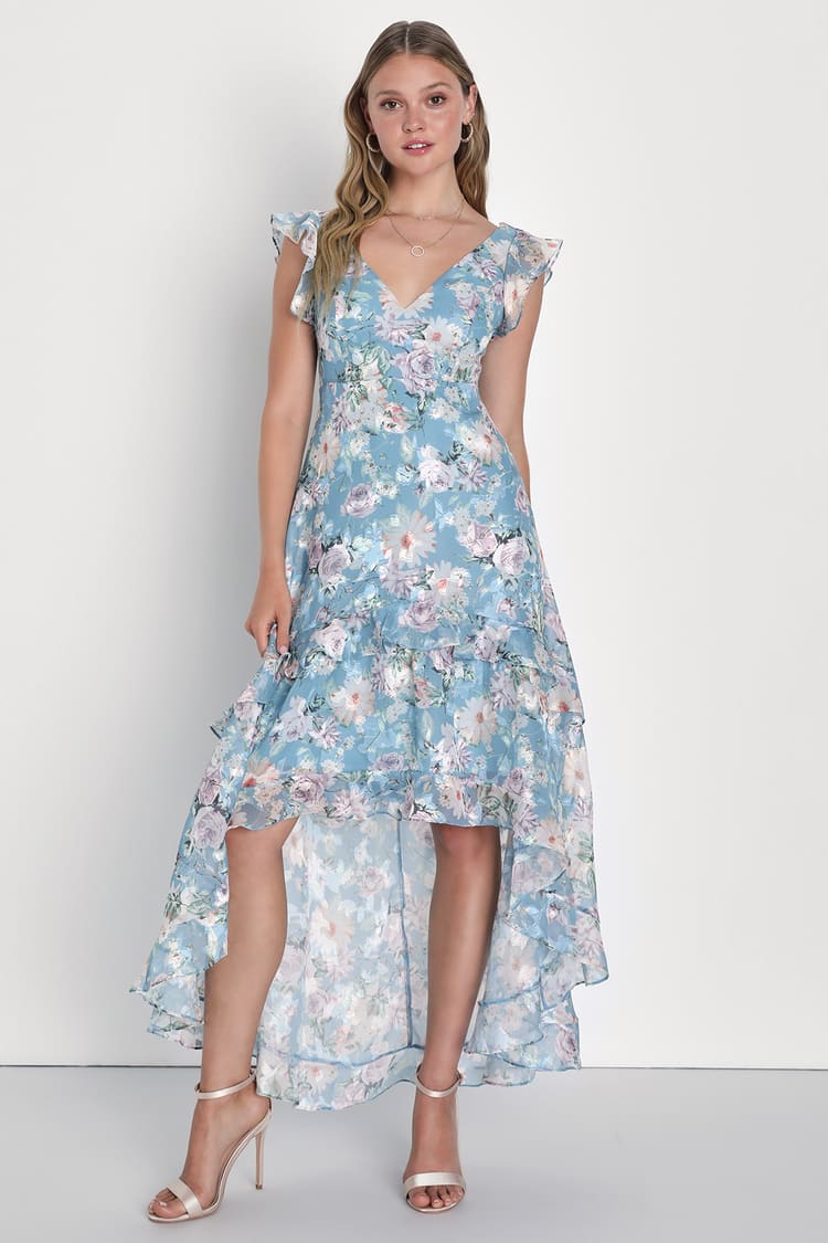 Blue Floral Dress - High-Low Dress Maxi Dress -