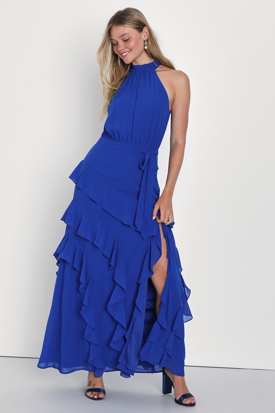 Cobalt Halter Dress - Asymmetrical Ruffled Dress - Maxi Dress - Lulus
