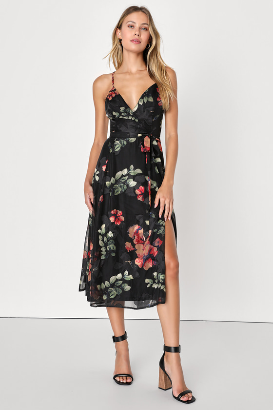 Black Floral Dress - Woven Jacquard Dress - Surplice Midi Dress - Lulus