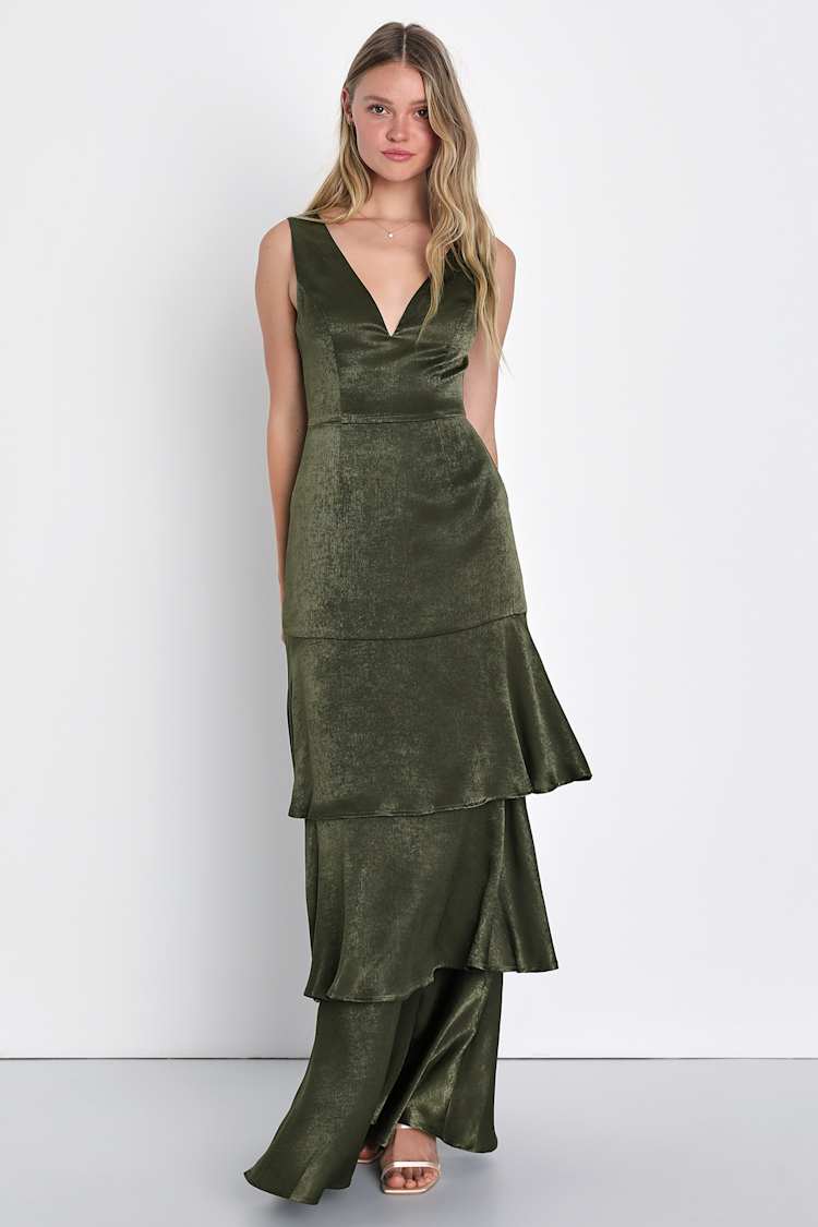 Exclusive Elegance Olive Green Satin Tiered Maxi Dress Exclusive Elegance Olive Green Satin Tiered Maxi Dress