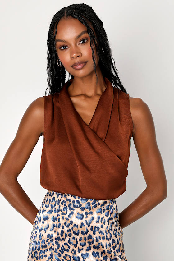 Rust Brown Satin Top Sleeveless Crop Top Surplice Top Lulus