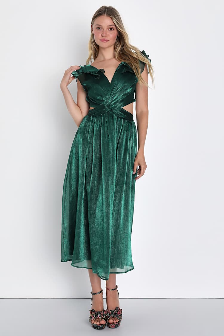 Shiny Emerald Green Dress - Cutout Dress - Ruffled Midi Dress - Lulus