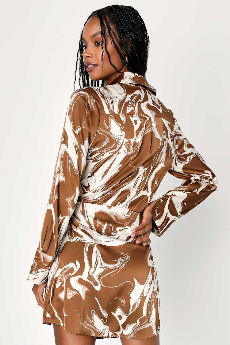 Brown and White Swirl Dress - Collared Wrap Dress - Satin Dress - Lulus