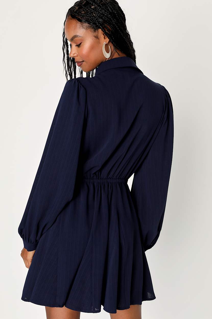lulus navy blue skater dress Lovely Navy Blue Dress - Long Sleeve Dress - Skater Dress