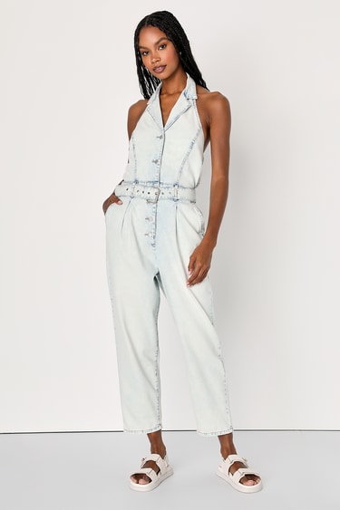 Blank NYC Call My Name Light Wash Denim Collared Jumpsuit