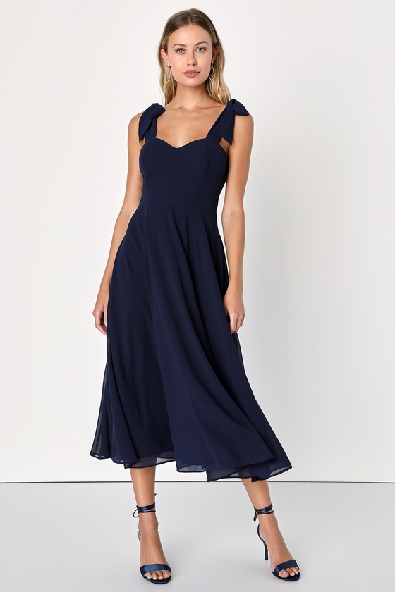 Navy Blue Dress - Tie-Strap Midi Dress - A-Line Midi Dress - Lulus